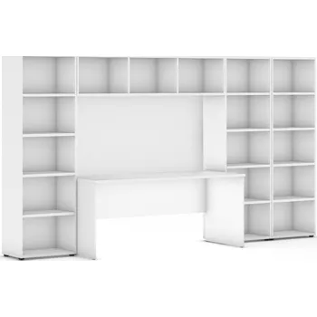 Knihovna Sestavy knihoven INTEGRO se stolem, nižší/širší, 3350 x 700/400 x 1920 mm, bílá