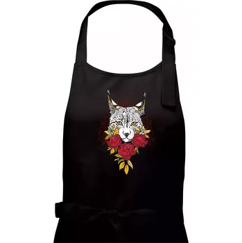 Kuchyňská zástěra Rys s červenými růžemi (Pecka design) - Dámská zástěra na vaření - Univerzální velikost ( Černá )