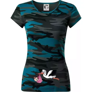 Čáp a miminko - holka (Hana-creative) - Dámské maskáčové triko - M ( Petrolejová maskáč )