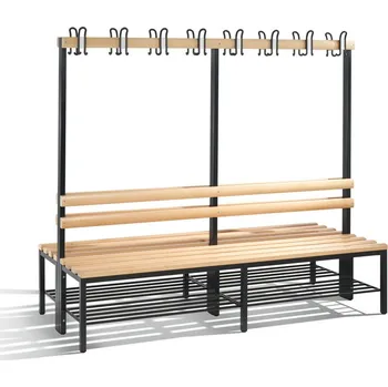 Šatní lavice Basic, oboustranná, masivní sedák z bukových lišt, š 1960 mm, rošt na boty