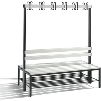 Dílenský stůl Šatní lavice Basic, oboustranná, sedák ze světle šedých lišt, š 1500 mm, rošt na boty