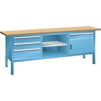 Dílenský stůl Pracovní stůl Lista, š 2000 mm, multiplexní pracovní deska, dvířka, 4 zásuvky, světle modrý