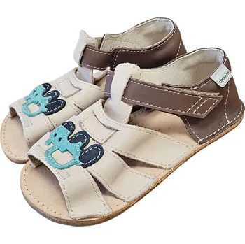 Chlapecká obuv Chlapecké kožené barefoot sandálky Miami hnědá s traktorem 25