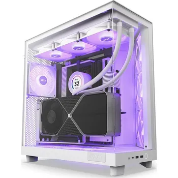 PC skříň NZXT H6 Flow RGB bílá Skříň, Middle tower, bez zdroje, ATX, 1× USB-C, 2× USB 3.0, 3× 120mm RGB ventilátor, průhledná bočnice a čelo, perforovaný panel, bílá CC-H61FW-R1