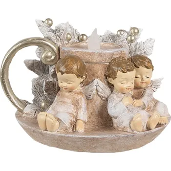 Hnědá vánoční dekorace s LED světlem tři andělíčci na svíčce s lístky – 14x13x10 cm