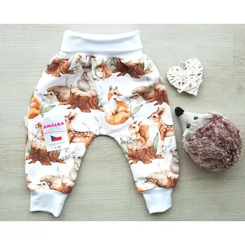 AMÁLKA Elastické rostoucí kalhoty teplákovina, lesní zvířátka Velikost: 92