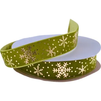 Stuha Stuha vánoční 26mmx9m sametová, zelená s vločkami