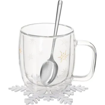 ORION Hrnek dvoustěnné borosil. sklo DOUBLE vločka+lžička+podtácek 0,38 l