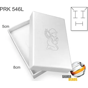 Dárková krabička Krabička na šperky. Materiál papír+mašle . Ozn. PRK 546L. Velikost 8x5cm. Barva BÍLÁ s potiskem modlícího se anděla (stříbrná barva).