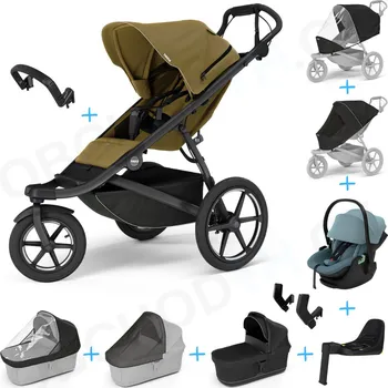 Kočárek Set 10v1 Thule Urban Glide 3 Nutria green + madlo + korbička Black + pláštěnky a moskytiéry Thule + Autosedačka Thule Maple Mid Blue s ISOFIX základnou Thule Alfi a adaptéry