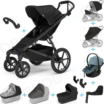 Kočárek Set 10v1 Thule Urban Glide 4-wheel Black + madlo + korbička Black + pláštěnky a moskytiéry Thule + Autosedačka Thule Maple Mid Blue s ISOFIX základnou Thule Alfi a adaptéry