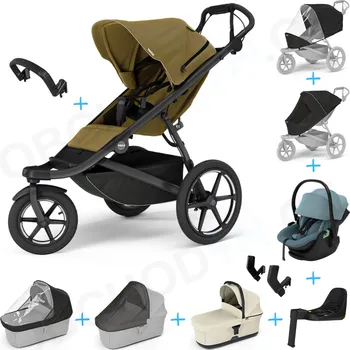 Kočárek Set 10v1 Thule Urban Glide 3 Nutria green + madlo + korbička Soft beige + pláštěnky a moskytiéry Thule + Autosedačka Thule Maple Mid Blue s ISOFIX základnou Thule Alfi a adaptéry