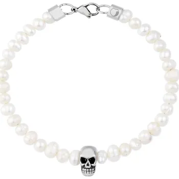 Náramek Manoki Pánský perlový náramek Aronne - lebka, chirurgická ocel BA1075 Stříbrná 21 cm Bílá