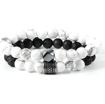 Náramek Daniel Dawson Dvojitý náramek Tiziano - 8 mm bílý tyrkys, lávový kámen NR2170-0851(19)/20 Bílá/čirá 20 cm