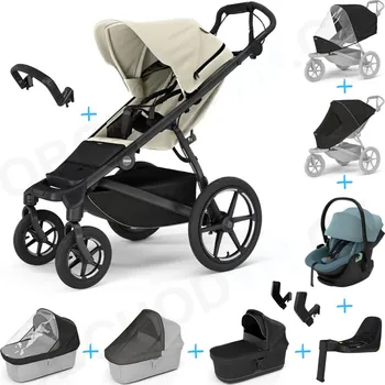 Kočárek Set 10v1 Thule Urban Glide 4-wheel Soft beige + madlo + korbička Black + pláštěnky a moskytiéry Thule + Autosedačka Thule Maple Mid Blue s ISOFIX základnou Thule Alfi a adaptéry