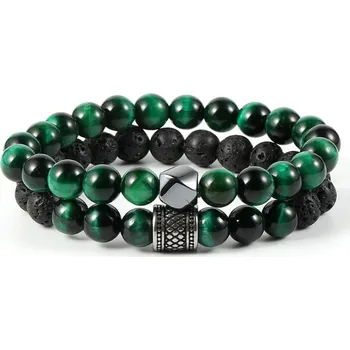 Náramek Daniel Dawson Dvojitý náramek Tiziano - 8 mm zelené tygří oko, lávový kámen NR2169-0851(13)/18 Zelená 18 cm