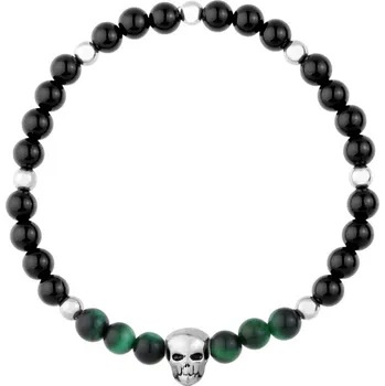 Náramek Manoki Pánský náramek Cristoval - lebka, 6 mm zelené tygří oko, onyx X-BA1084Z/23 Zelená 23 cm