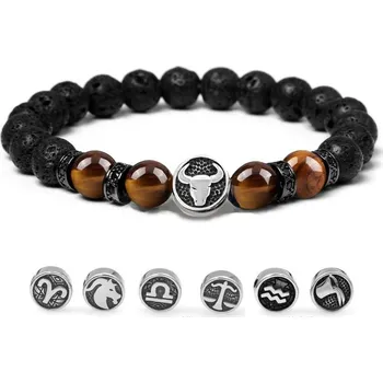 Náramek Daniel Dawson Náramek znamení zvěrokruhu Zodiac - 8 mm tygří oko, lávový kámen NR2259-6/22 22 cm Panna (23.8. - 22.9.)