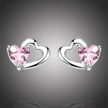 Náušnice GRACE Silver Jewellery Stříbrné náušnice se zirkony Dvojité srdce, stříbro 925/1000 E-SCE090/43 Růžová