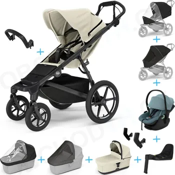 Kočárek Set 10v1 Thule Urban Glide 4-wheel Soft beige + madlo + korbička Soft beige + pláštěnky a moskytiéry Thule + Autosedačka Thule Maple Mid Blue s ISOFIX základnou Thule Alfi a adaptéry