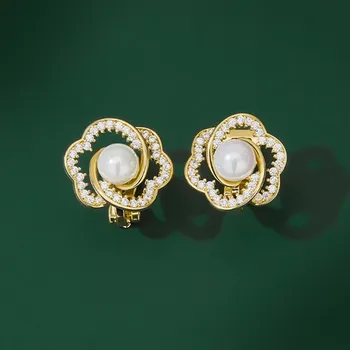 Náušnice Éternelle Náušnice s perlou a zirkony Paola - klipsa, květina E1341-E-25495 Zlatá