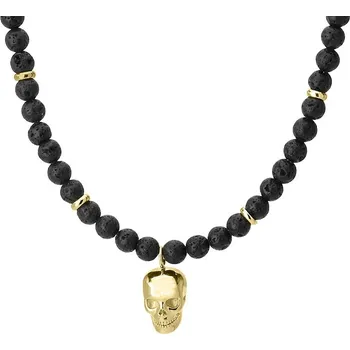 Náhrdelník Manoki Pánský korálkový Jacque Gold - lávový kámen, ocelová zlatá lebka WA591G Černá 55 cm