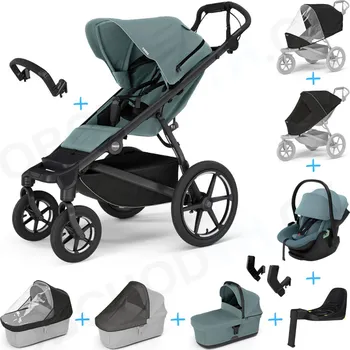 Kočárek Set 10v1 Thule Urban Glide 4-wheel Mid blue + madlo + korbička Mid blue + pláštěnky a moskytiéry Thule + Autosedačka Thule Maple Mid Blue s ISOFIX základnou Thule Alfi a adaptéry