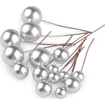 umělá květina Kuličky / bobule na drátku - mix velikostí - 15ks Barva: stříbrná