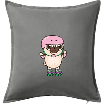 Polštář Mops a kolečkové brusle - Polštář 50x50 - 50x50 - Včetně výplně ( Tmavě šedý melír )