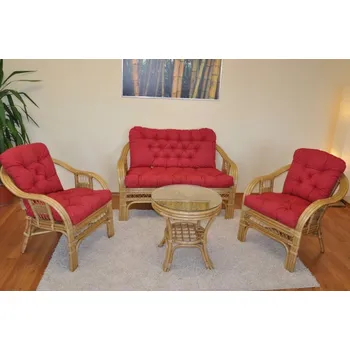 Sedací souprava Ratanová sedací souprava Rio De Janeiro medová polstry vínový melír