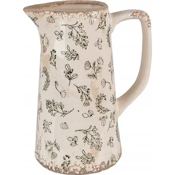 Béžový keramický džbán ve starožitném stylu se zelenými květy - 15x10x19 cm