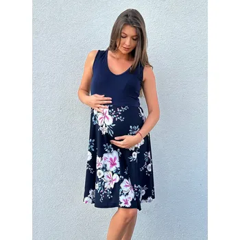 Těhotenské šaty Mama L'amour Letní těhotenské a kojící šaty 3v1 Flores tmavě modré květinové Velikost: XL