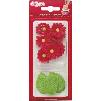 Jedlá dekorace na dort Curková dekorace 7 červených kopretin a 5 listů - Dekora