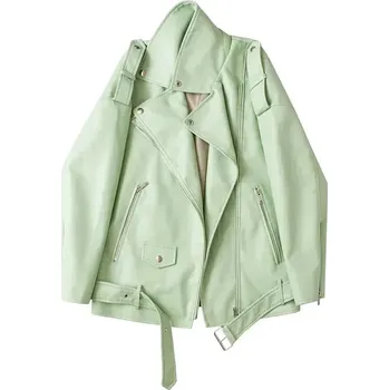 Dámský křivák Dámská kožená bunda s opaskem – motorkářský jarní styl Barva: Zelená, Velikost: S