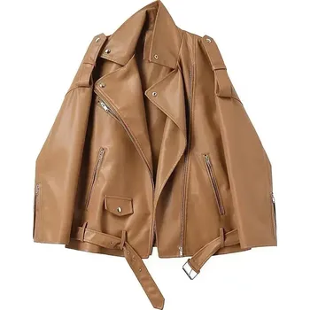 Dámský křivák Dámská kožená bunda s opaskem – motorkářský jarní styl Barva: Hnědá, Velikost: M