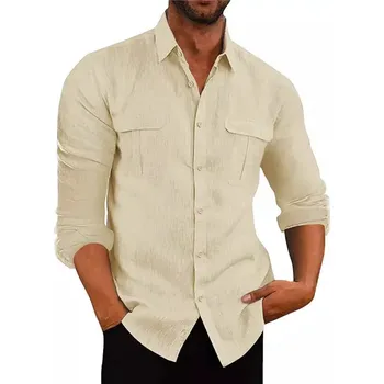 Pánská košile Pánská lněná košile s dlouhým rukávem a kapsami Barva: Khaki, Velikost: 3XL