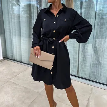 Dámské šaty Podzimní košilové šaty – krátké, vintage střih s páskem Barva: Černá, Velikost: M