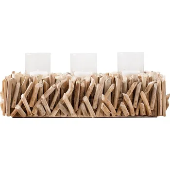 Svícen Etno hnědý obdélníkový dřevěný svícen Isaal s naplaveným dřevem a třemi skleněnými držáky na svíčky 50 cm