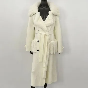 Dámský kabát Dlouhý vlněný kabát s límcem z lišky Barva: Béžová, Velikost: ONE SIZE