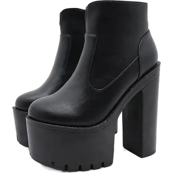 Dámské kozačky krátké boty na platformě se zipem a podpatkem Barva: Černá, Velikost: 37