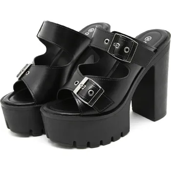 Dámské sandále sandály na podpatku s otevřenou špičkou a dvojitou přezkou Barva: Černá, Velikost: 40