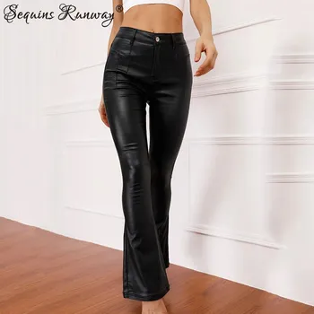 Dámské kalhoty Dámské kožené kalhoty s vysokým pasem na večer Barva: Černá, Velikost: XL