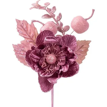 Vánoční dekorace Větvička MagicHome Vánoce, s květem, růžová, 22 cm, bal. 6 ks
