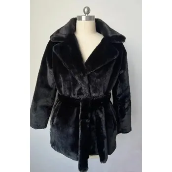 Dámský kabát Zimní kabát z umělé kožešiny s páskem a límcem Barva: Černá, Velikost: L