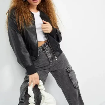 Dámský křivák Kožená bunda s páskem – krátká, vintage styl, měkká useň Barva: Černá, Velikost: S