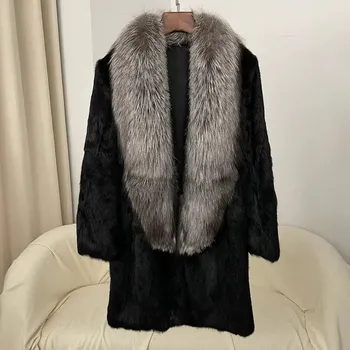 Dámský kabát Best Fashion kožich z králičí kožešiny – límec z lišky, elegantní zimní kabát Velikost: 3XL, Barva (Varianta): black silver