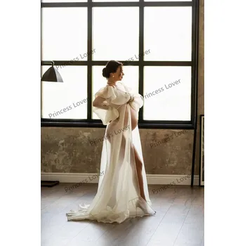 Dámské oblečení Těhotenské šaty z organzy – dlouhý rukáv, focení a speciální příležitosti Barva: Krémová, Velikost: XL