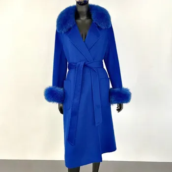 Dámský kabát kabát s límcem z lišky – vlněný, elegantní streetwear Velikost: S, Barva (Varianta): Klein blue