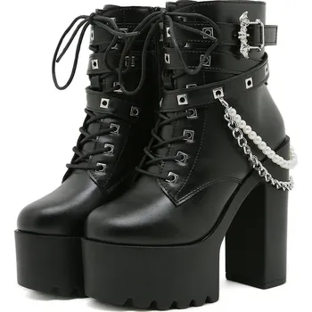 Dámská obuv kotníkové boty na platformě z eko kůže se šněrováním a zipem Barva: Černá, Velikost: 35