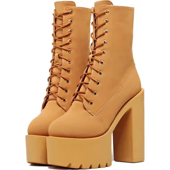 Dámské kozačky zimní boty na podpatku se šněrováním a kožešinou Barva: Oranžová, Velikost: 36